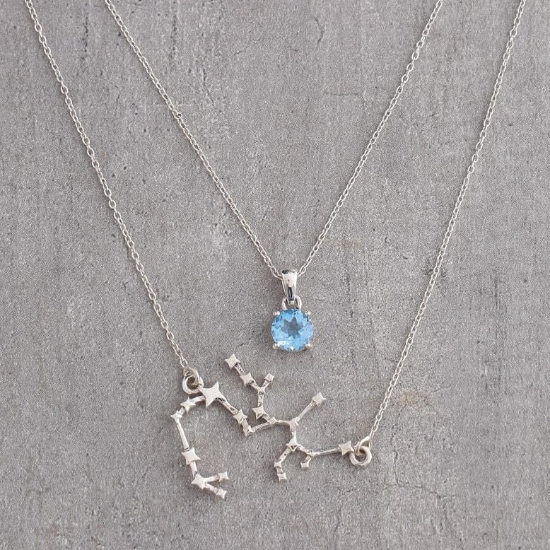 Sagittarius constellation & blue topaz birthstone pendant double layered neckpiece