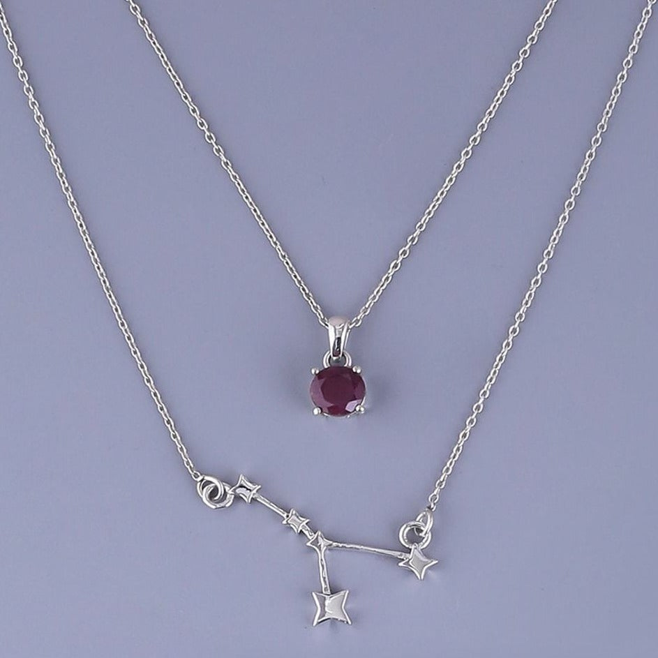 Double layered neckpiece cancer constellation with ruby pendant