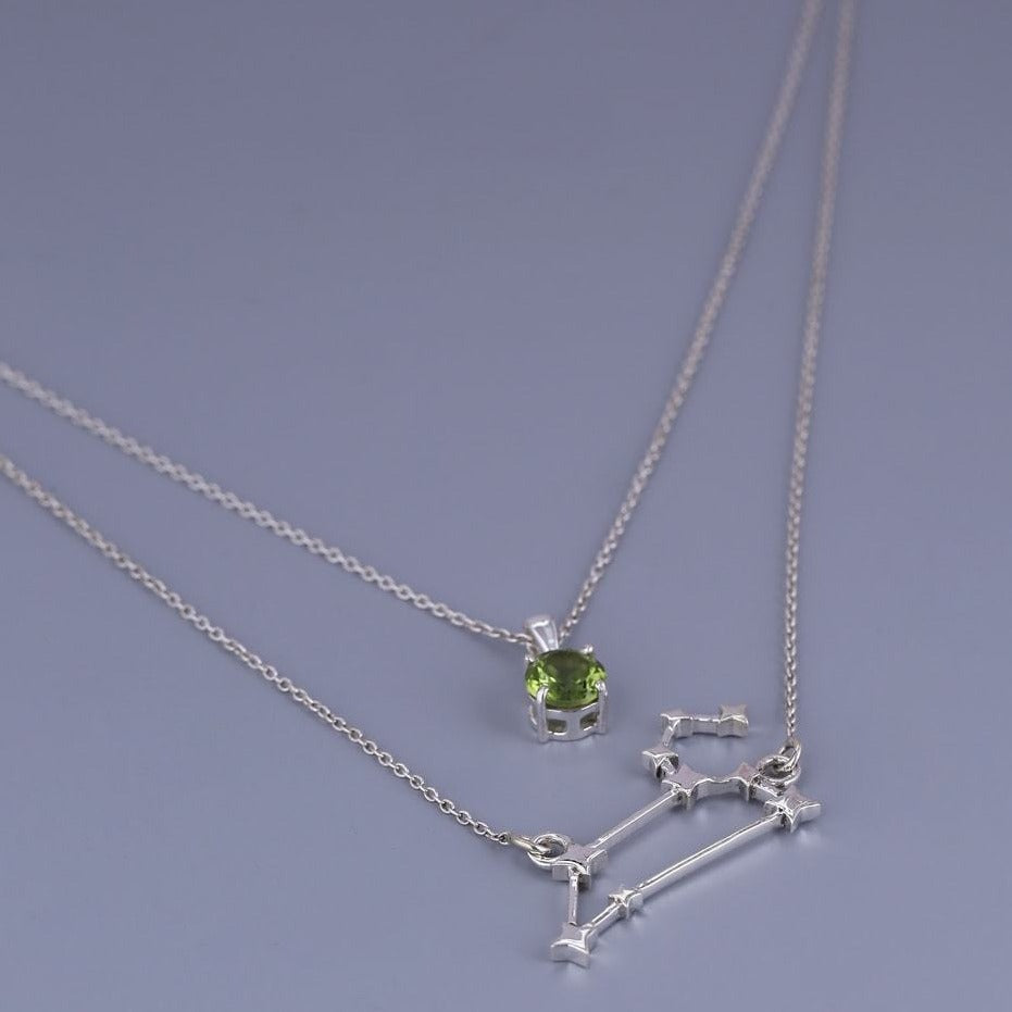 Leo constellation & peridot birthstone pedant layered necklace