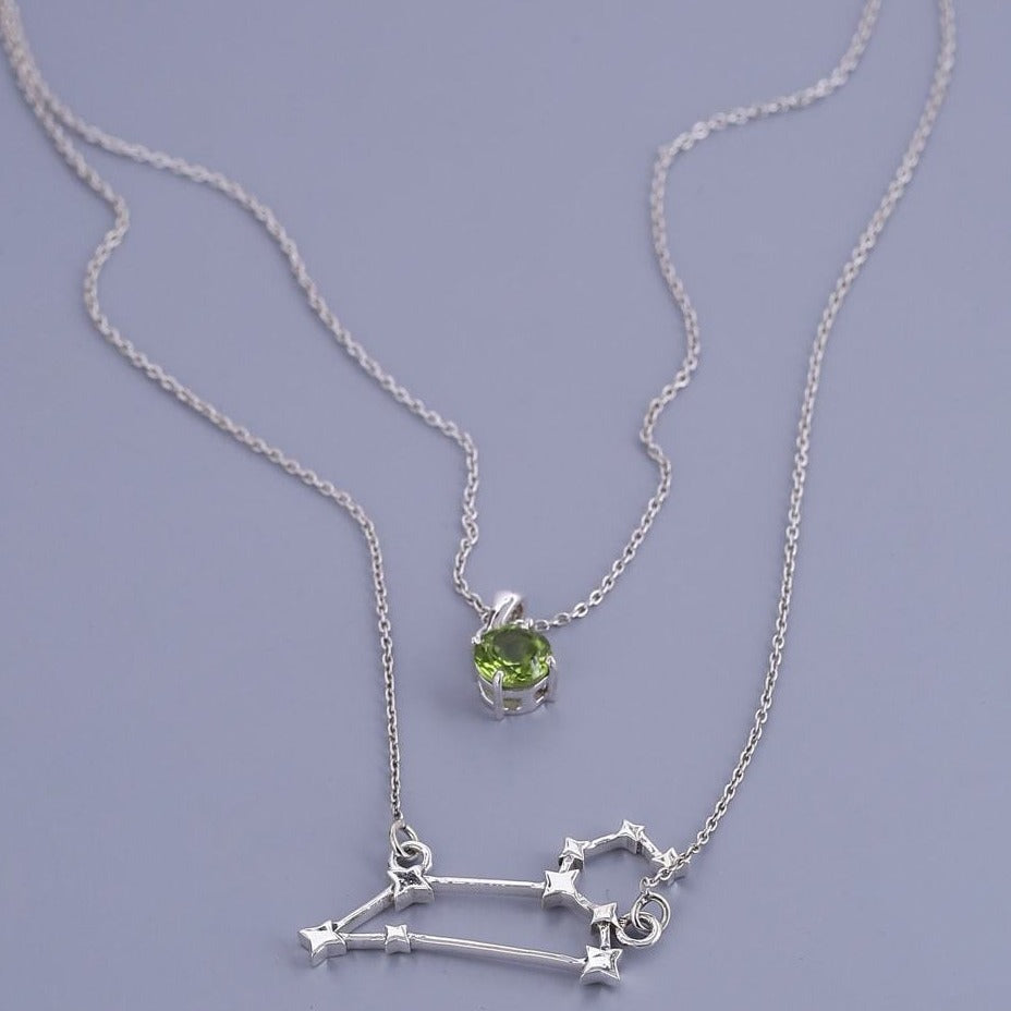 Sterling silver layered chain of Leo constellation and peridot birthstone 