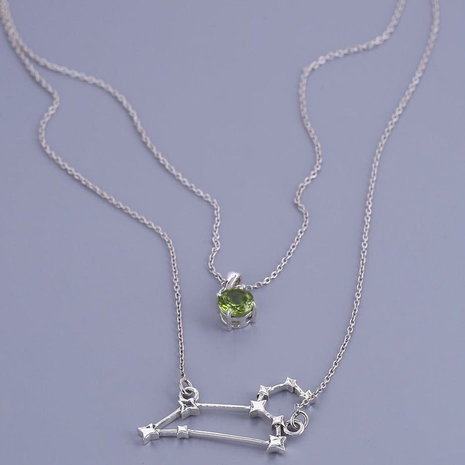 Sterling silver layered chain of Leo constellation and peridot birthstone
