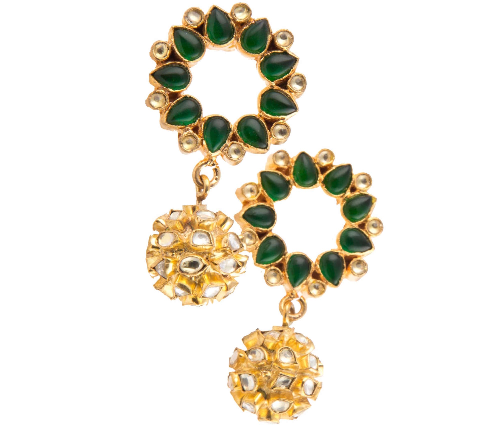 Gold plated kundan earrings with green garnet stone