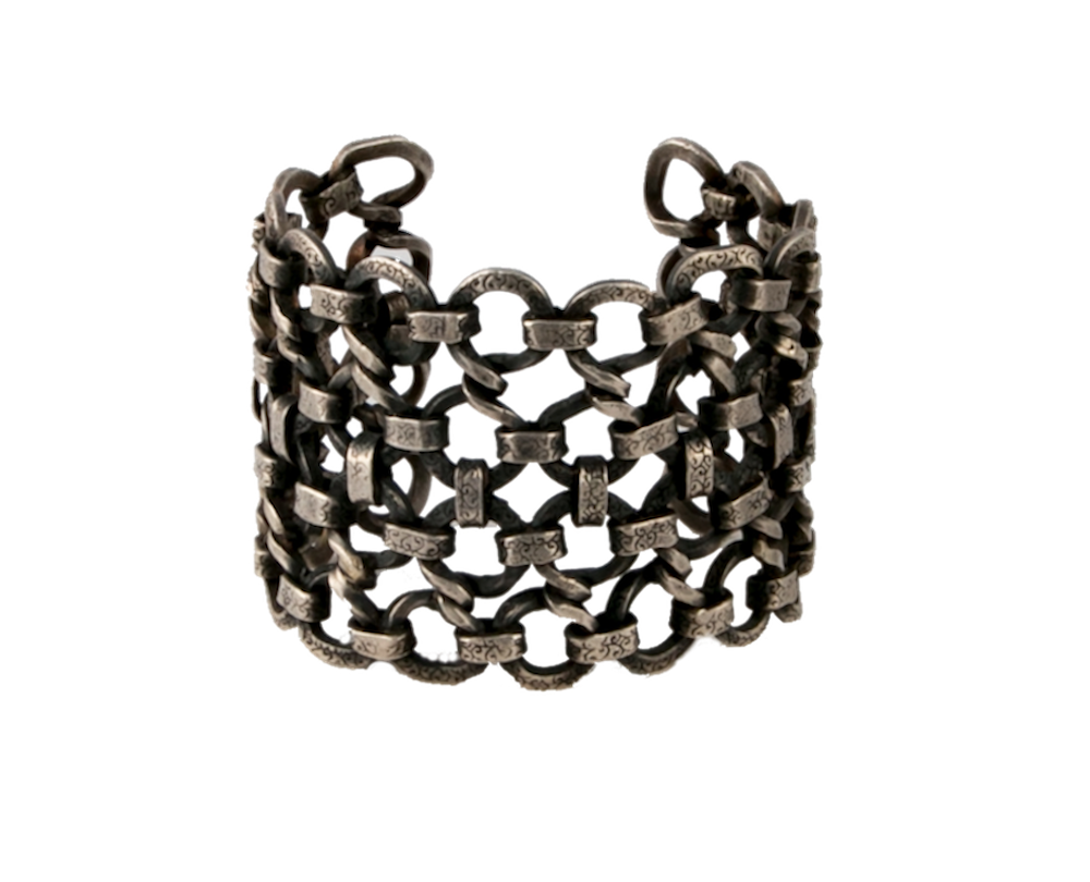 Bold sterling silver interlock pattern open cuff