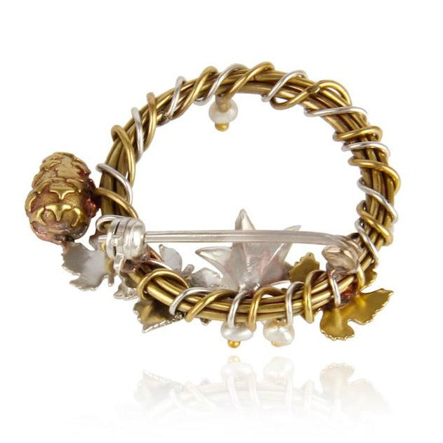 Sterling silver & brass wreath brooch - mixed metals jewellery
