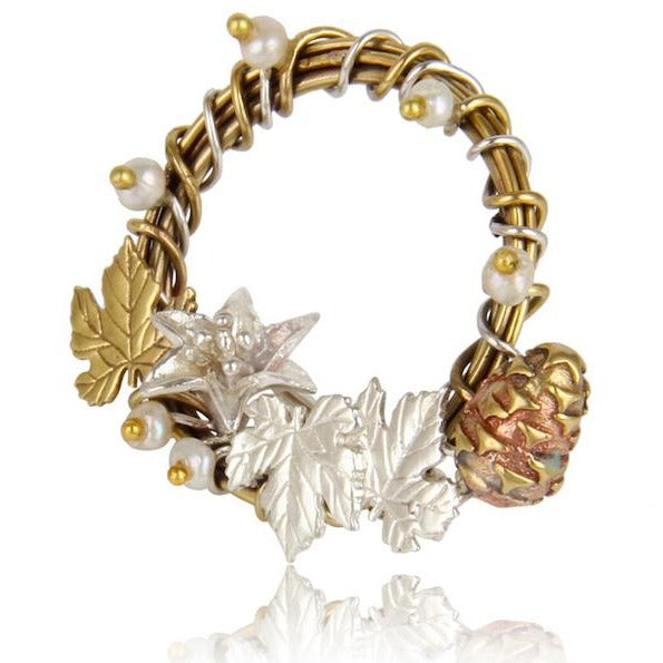 Silver & Brass ivy leaf ,brass pine cone and pearl buds embellished  brooch