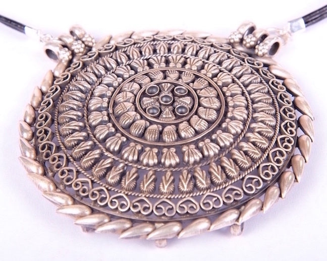 Oxidized sterling silver folk fusion small round pendant