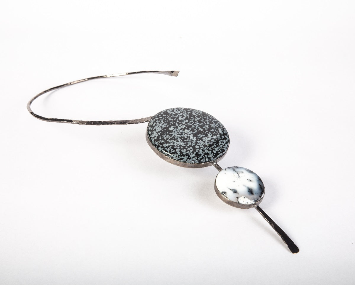 Snow flake obsidian, dendritic agate big stone black pendant choker