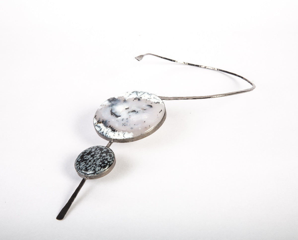 Dendritic agate, snow flake obsidian big stone white pendant choker