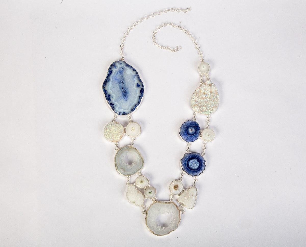 Agate,druzy,titanium druzy and solar quartz semi precious stone neckpiece
