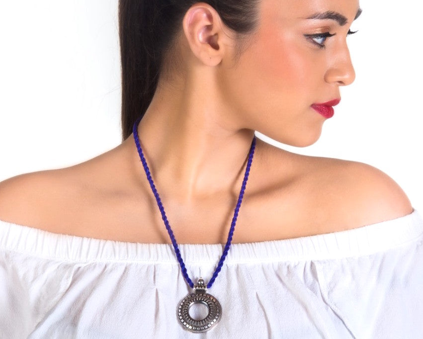 Ashy disc pendant in hand braided silk thread cord