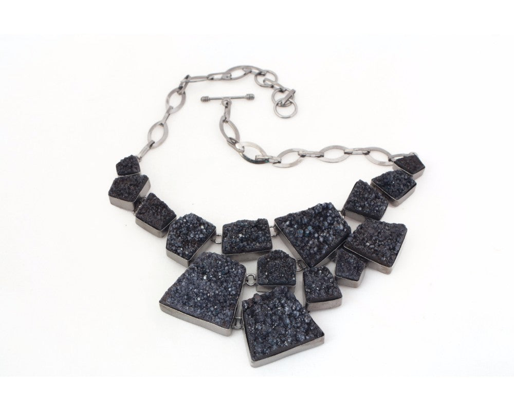 Charcoal druzy neckpiece in gun metal plated frame