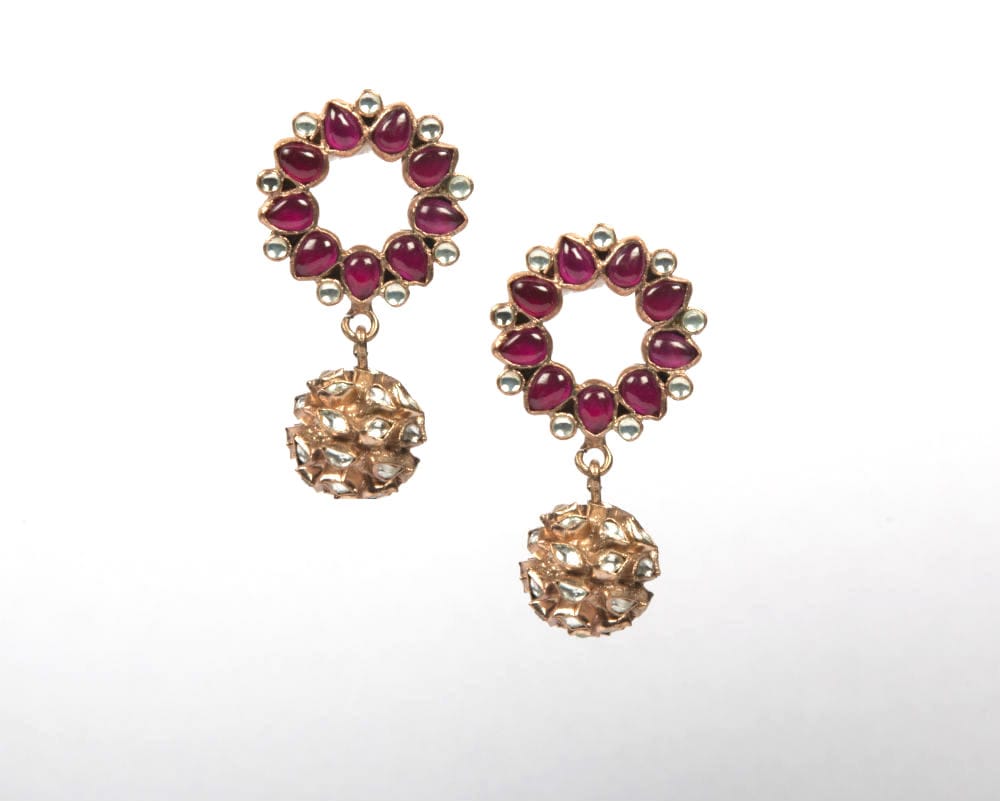 Rose gold plated pink sapphire & zircon kundan earrings