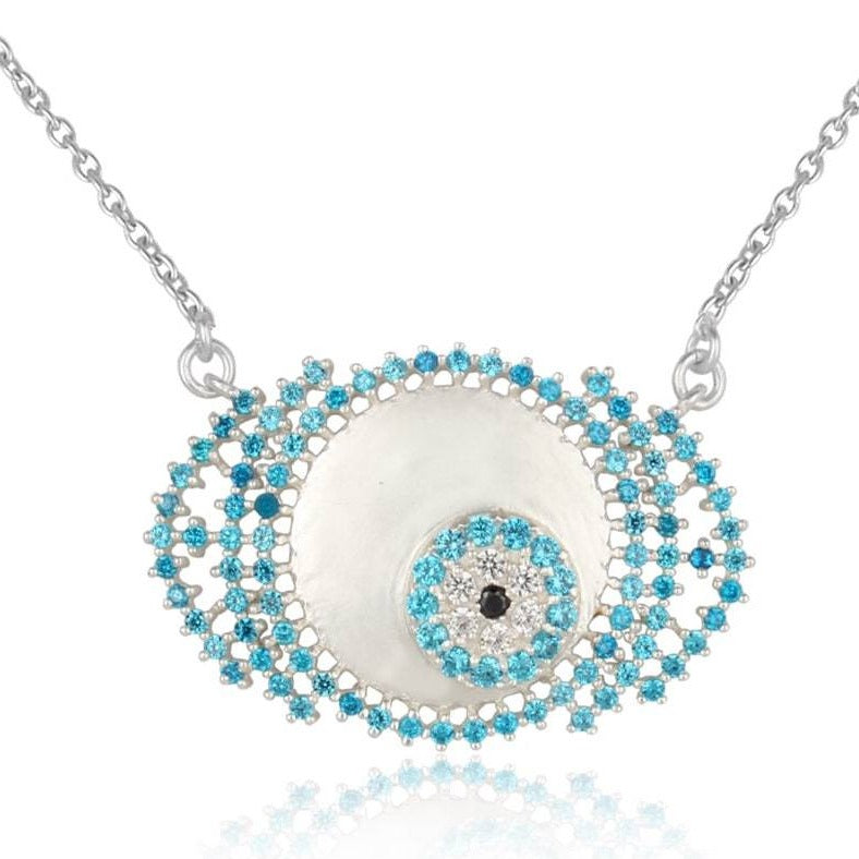 Blue zircon studded evil eye pendant neckpiece