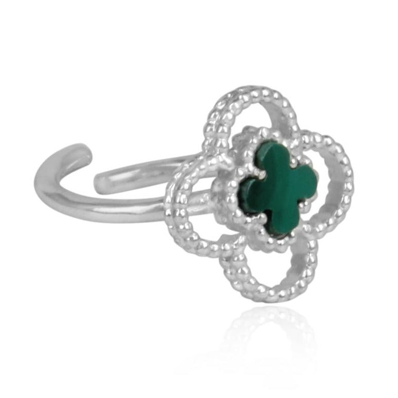 silver 4 leaf clover ring - malachite clover