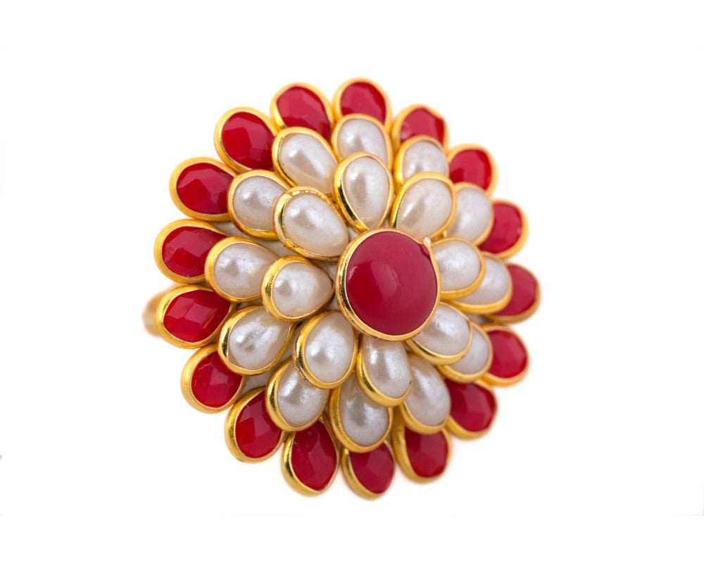 Genuine pearl & red coral stone in gold polish finger ring