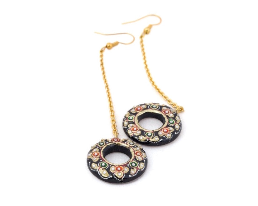 Gold kundan work black onyx drop earrings