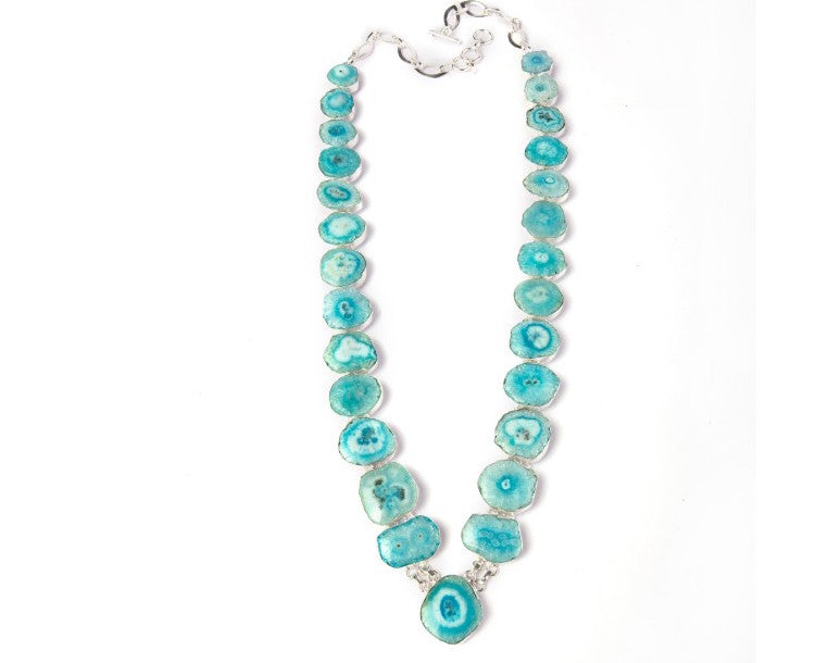 Brass with sterling silver coating blue solar quartz neckpiece