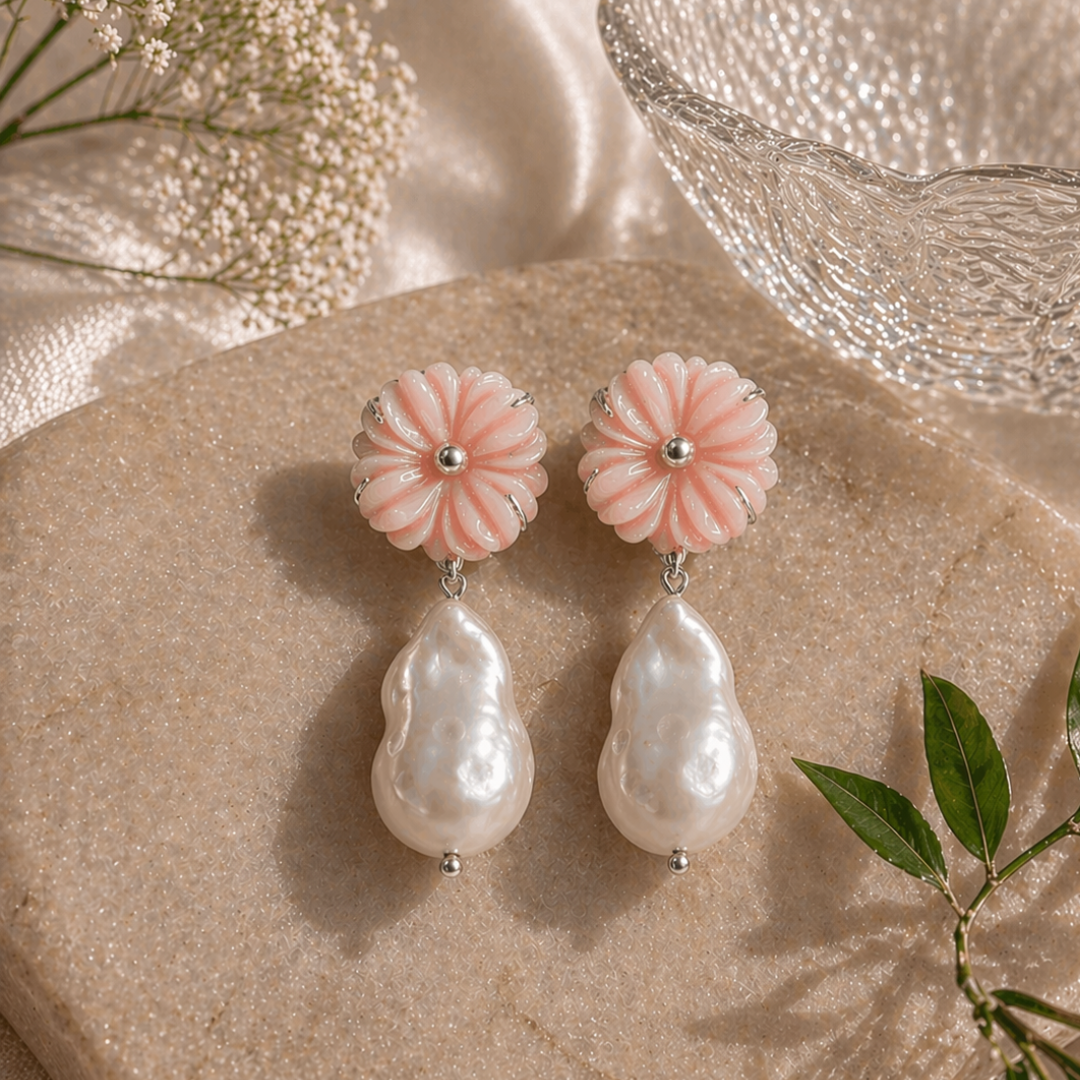Nirwaana's Bloom earring — real pink opal, baroque pearl, recycled silver. Handcrafted in India. Ethical, artisanal, and entirely yours.