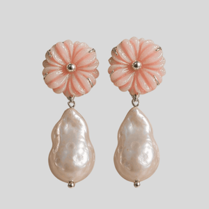 Nirwaana's Bloom earring — real pink opal, baroque pearl, recycled silver. Handcrafted in India. Ethical, artisanal, and entirely yours.