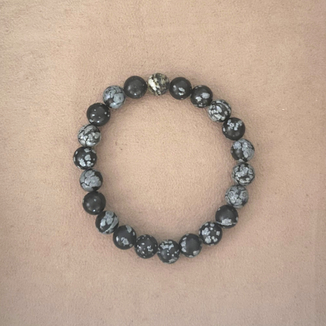 Unisex 8mm round gemstone beads bracelet. Snowflake Obsidian beads bracelet by Nirwaana jewelry