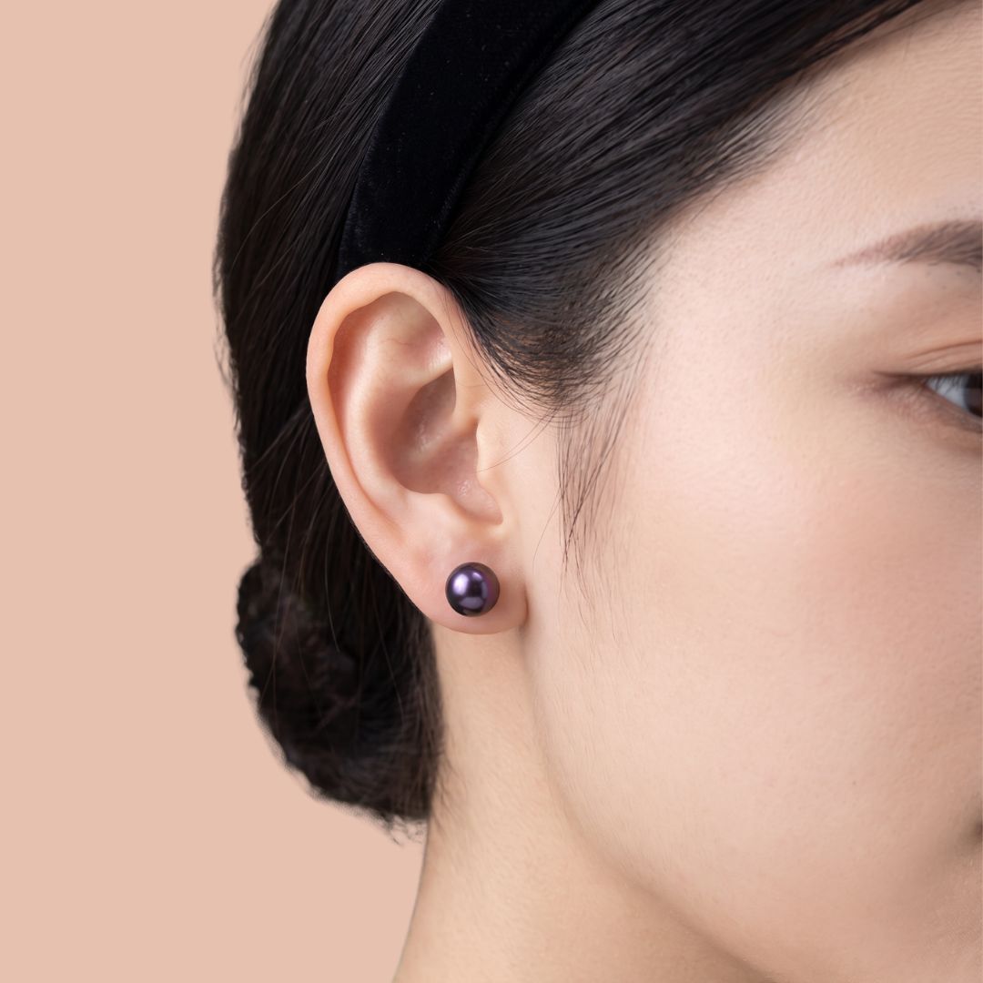 Black Tahitian Pearl Studs - Silver