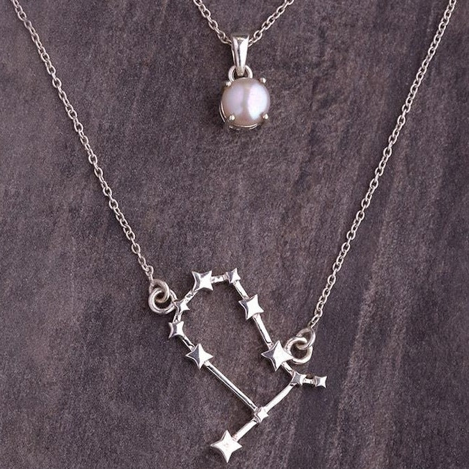Gemini constellation & pearl birthstone pendant