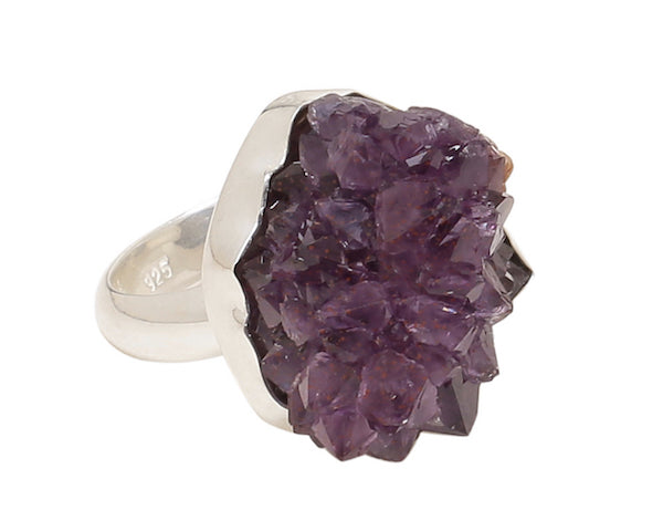 Amethyst druzy cluster ring set in a collet