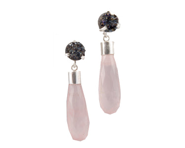 Black titanium druzy & rose quartz earrings