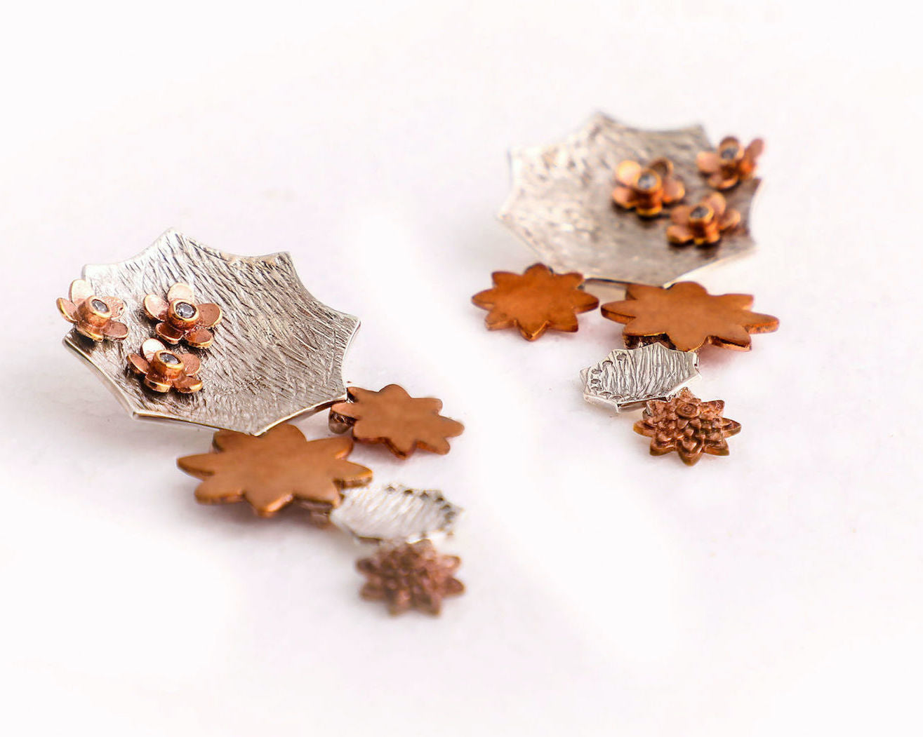 Sterling silver,copper and cubic zirconia studs cocktail danglers