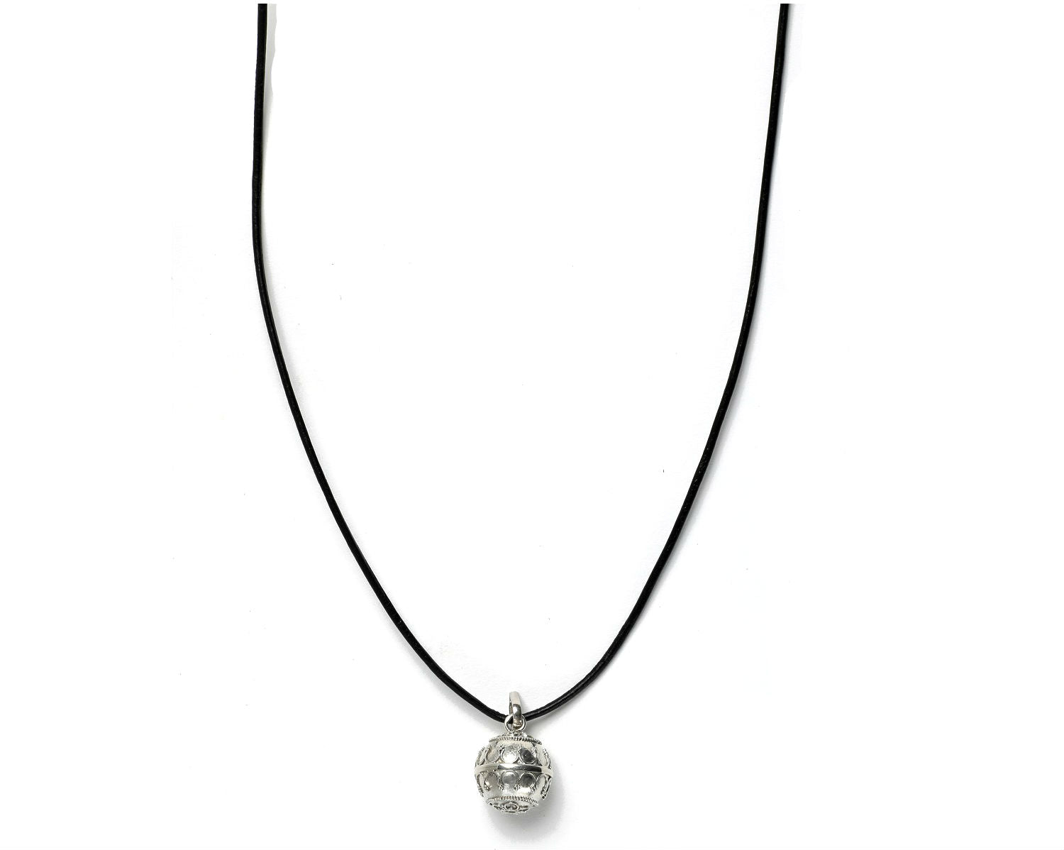 Harmony ball pendant strung in a black leather cord
