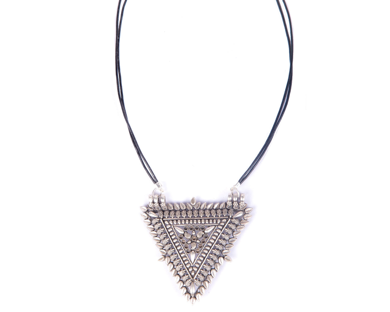 Sterling silver oxidized triangular shaped pendant strung in twin leather cords