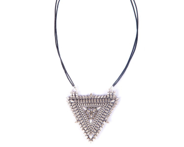Sterling silver oxidized triangular shaped pendant strung in twin leather cords