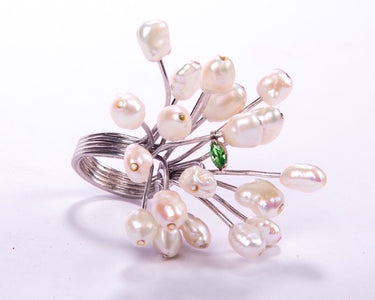 Fresh water baroque pearls with green cubic zirconia leaf ring