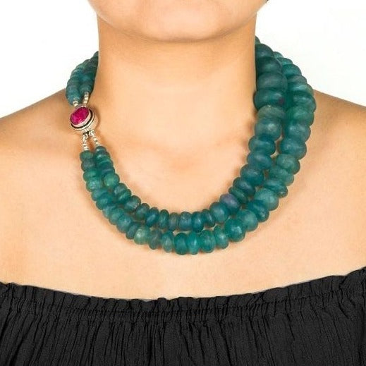Green Flourite necklace with Hot pink Stone at Back Closure
