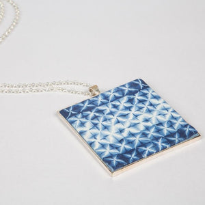 Brass with silver plating chain with midnight blue shibori pendant