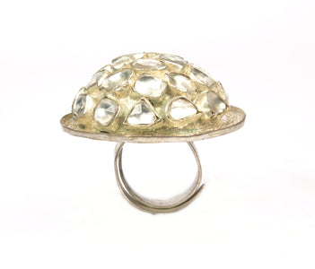 Dome shaped cocktail ring in silver kundan work