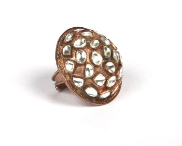 Copper with rose gold plating and silver kundan work dome ring