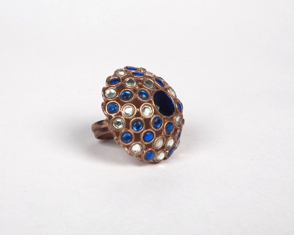 Synthetic blue sapphire & silver kundan cocktail finger ring