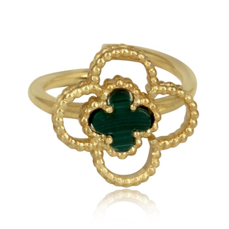 4 leaf clover ring gold - malachite stone studded