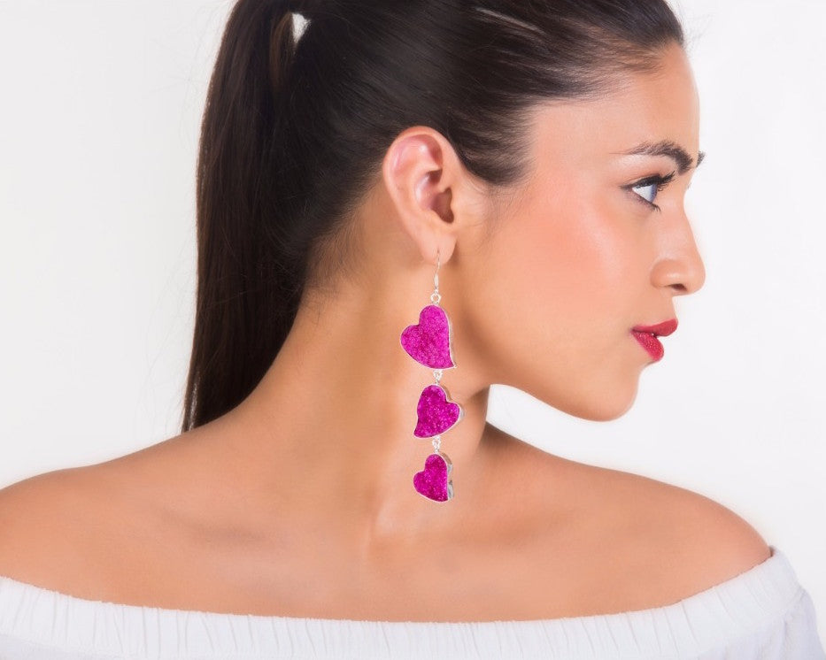 Pink druzy heart shaped sterling silver earrings
