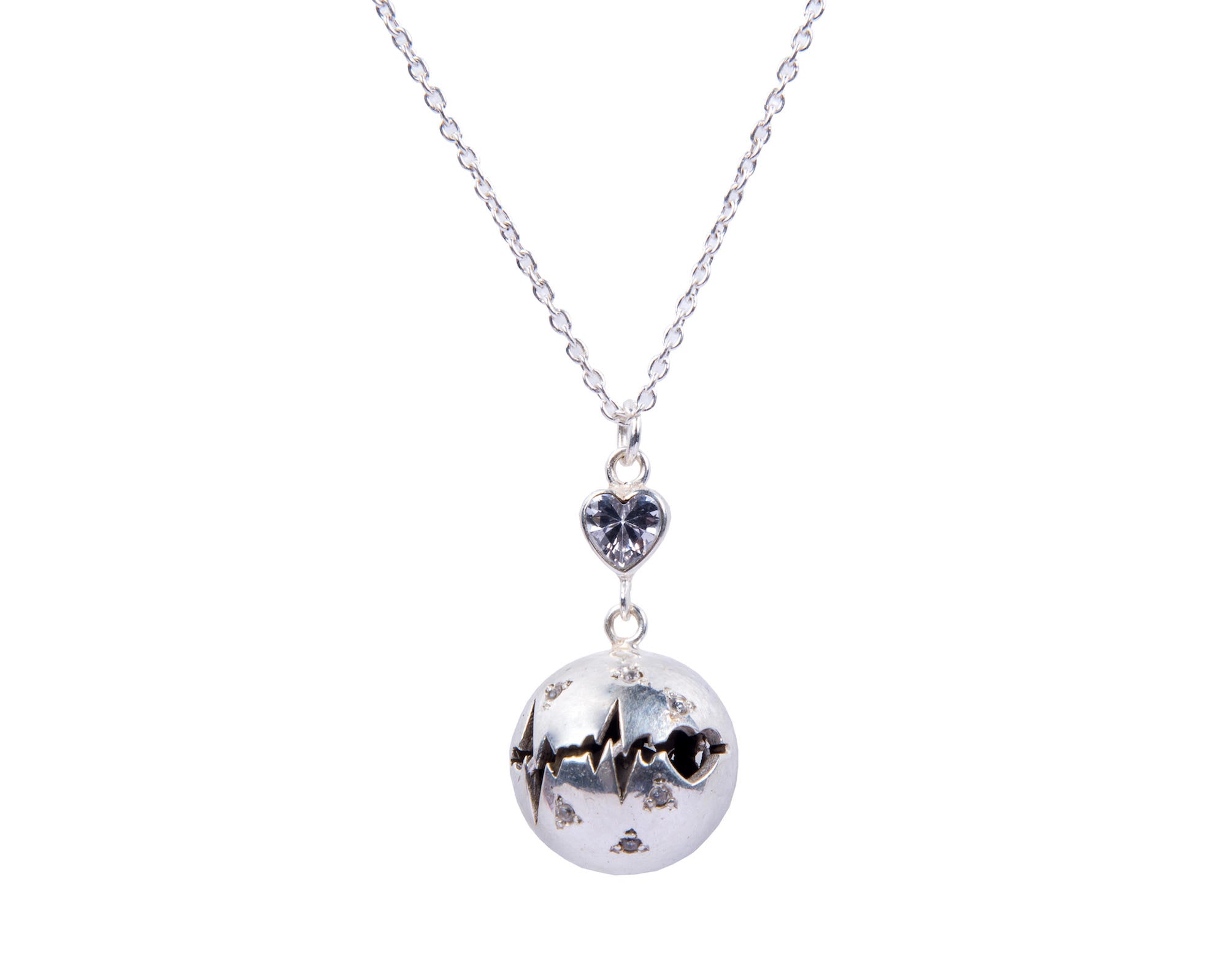 Harmony ball pendant with heart & heartbeat etching